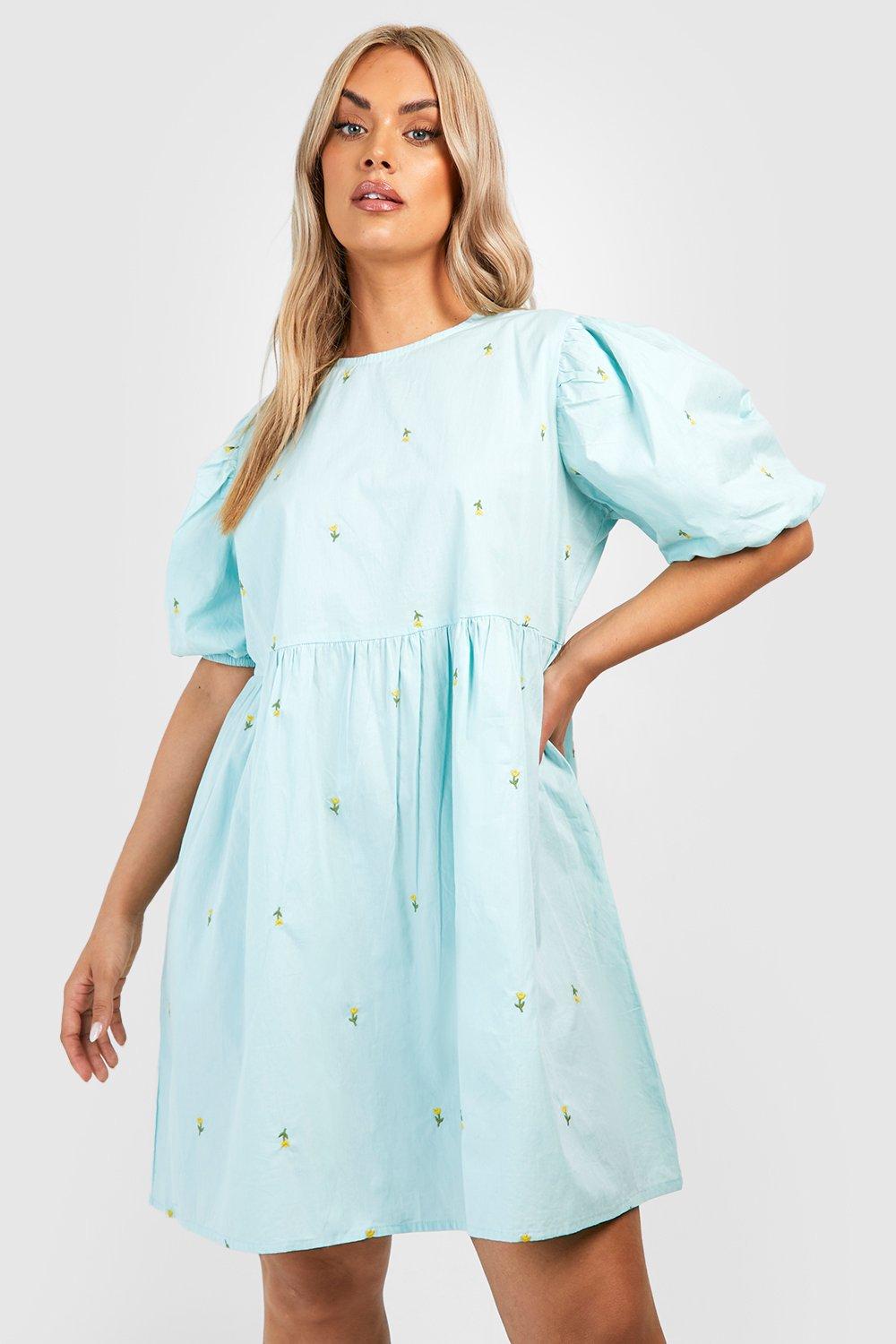 Plus Floral Embroidered Poplin Smock Dress